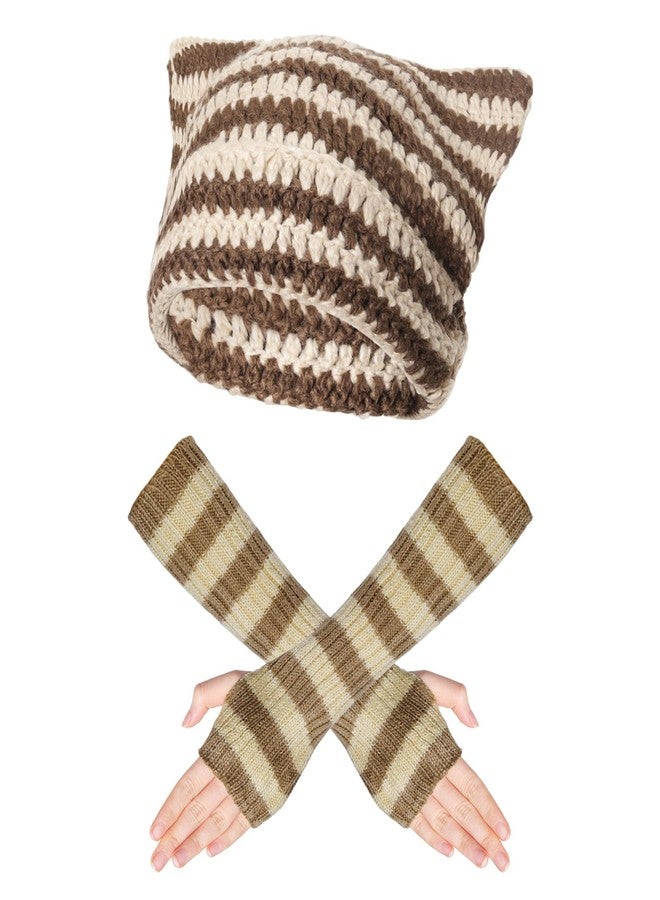 Sdfvsdg Crochet Hats for Women Cat Beanie with Fingerless Gloves Cute Fox Cat Ears Hat Slouchy Beanies Grunge Accessories Brown - Image 1